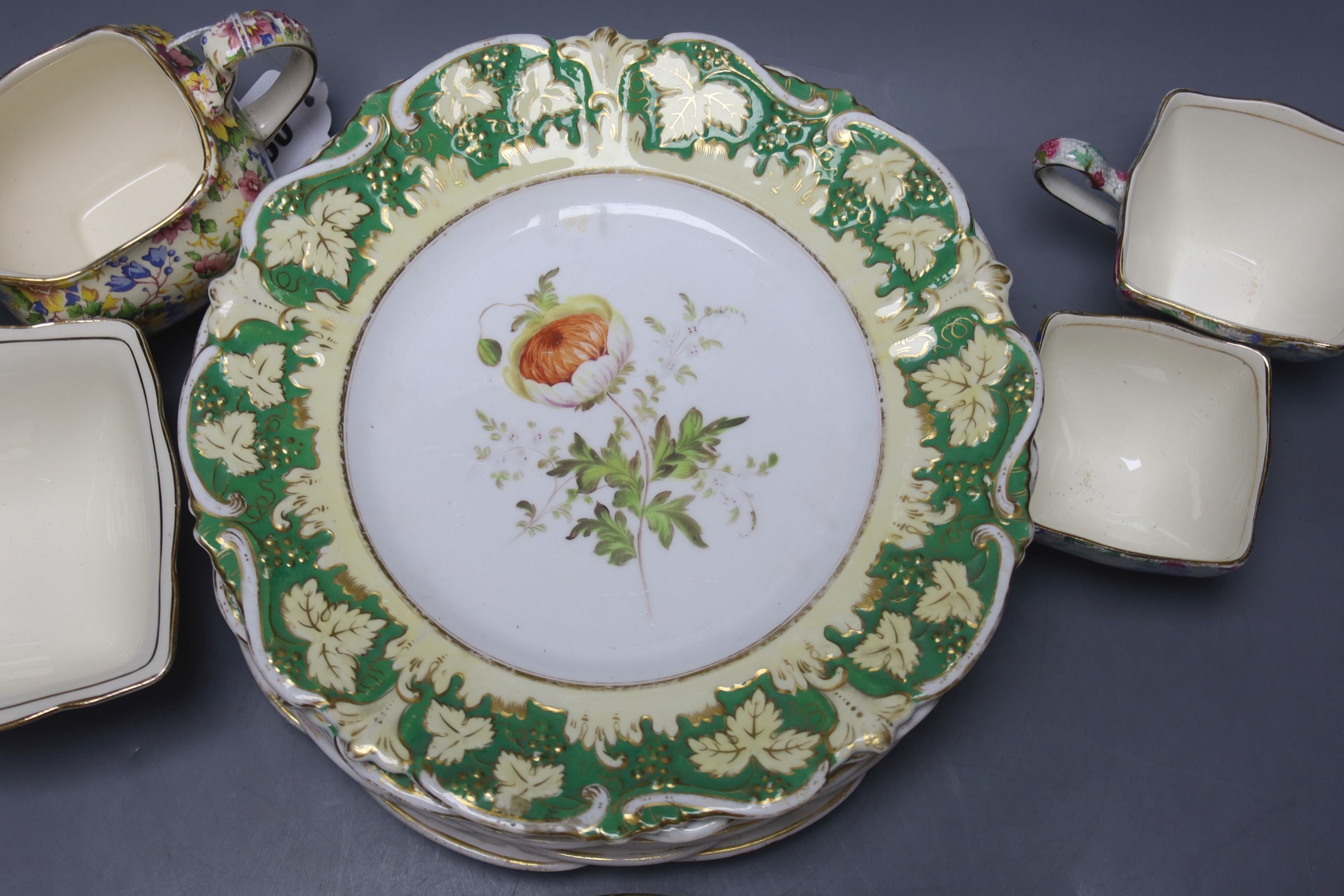 A group of Royal Winton Old Cottage Chintz pattern wares and an English porcelain dessert plates